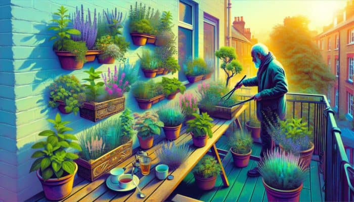 UK balcony garden with pots of mint, chamomile, lavender, and rosemary; person harvesting herbs for tea.