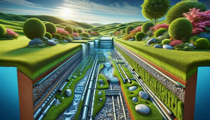 Cross-section of lawn with drainage system showing water flow through pipes and gravel, preventing waterlogging.