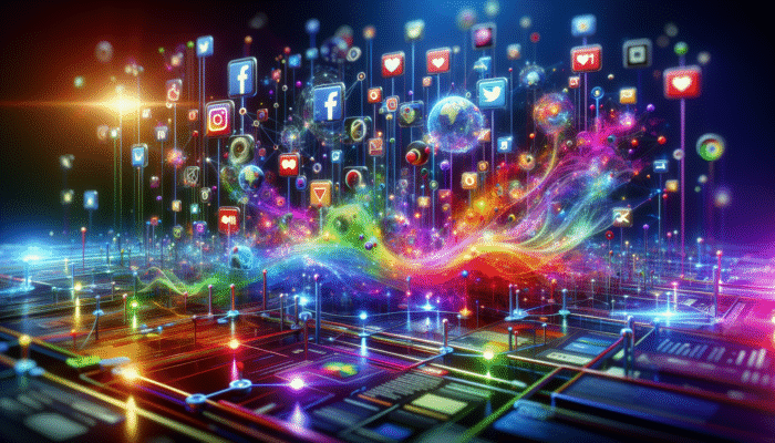 A network of glowing social media icons with content spreading in vibrant waves, symbolising viral amplification.
