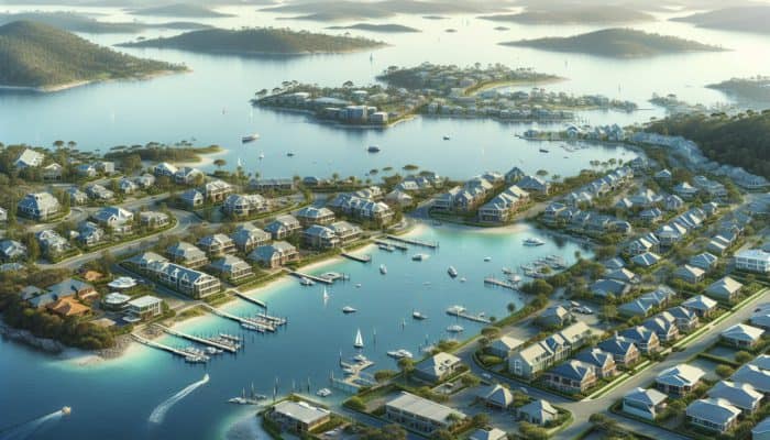 Knysna property market scene with premium homes near lagoon and Thesen Island, surrounded by amenities.