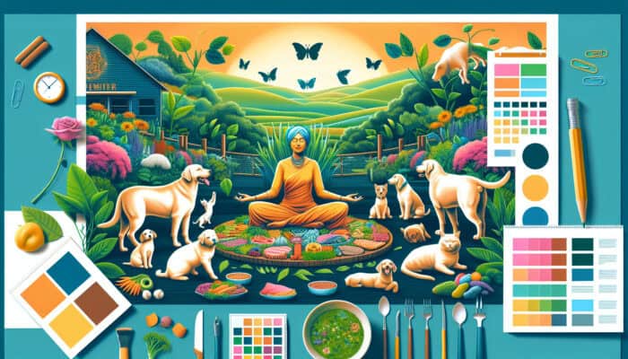 A pet owner and joyful pets enjoying a plant-based meal amidst lush greenery, symbolizing ethical choices.