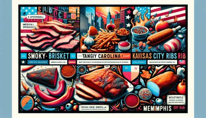 A vibrant collage showcasing regional American BBQ specialties and cultural diversity.