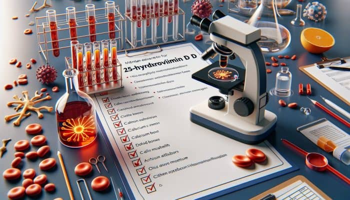 Vitamin D Blood Test in Falmouth: Illustration of a blood test measuring 25-hydroxyvitamin D levels, showing effects on calcium, bones, and immunity.