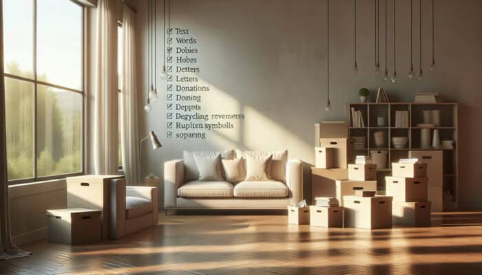 A serene, organized living room after clearance with minimal furniture, soft light, and labeled boxes for donation and recycling.