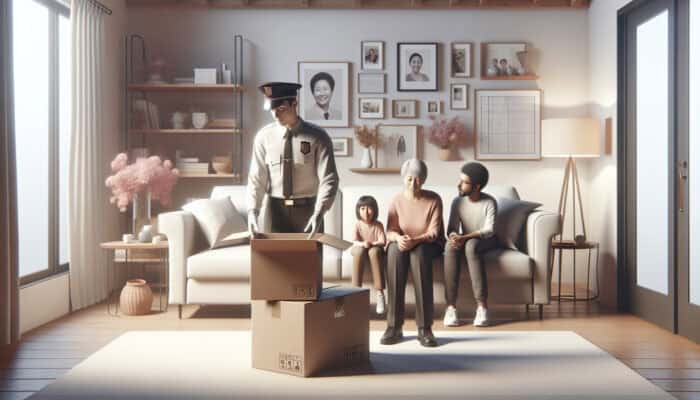 A compassionate professional packing sentimental items in a cozy living room, supporting a relieved family.