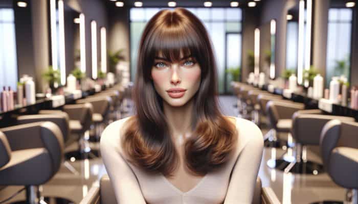 Woman with Jane Birkin bangs in salon, using sulphate-free products and deep conditioning treatment.