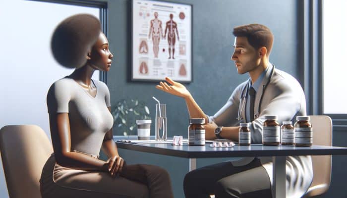 Person consulting doctor about medications, hydrated, wearing short-sleeved shirt for ferritin blood test preparation.