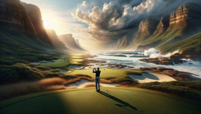 A golfer on a South African course, surrounded by coastal cliffs and lush bushveld.