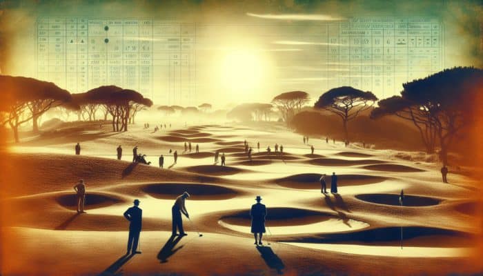 A historical South African golf course at sunset, showcasing classic design and vintage golfers, with the Royal Cape Golf Club's 1885 sign.