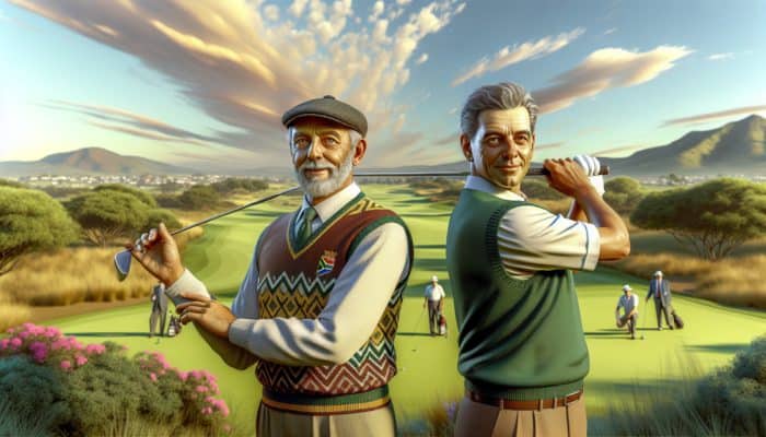 South African golf legends Gary Player and Ernie Els on a green course, showcasing disciplined swings and triumphant expressions.