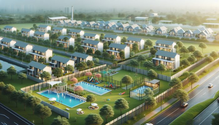 A serene, affordable gated community featuring modern homes, lush greenery, pools, and playgrounds, secured by fencing.
