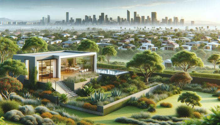 A modern home in Brits, South Africa, amidst lush greenery and a vibrant community, with developing urban areas in the background.