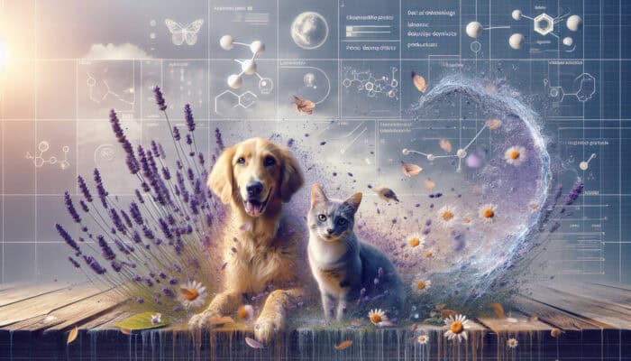 A dog and cat lounging with lavender and chamomile, symbolising pet-safe deodorising products.