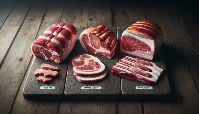 Variety of pork cuts on a rustic table, showing fat content differences: high-fat shoulder, moderate loin, lean tenderloin, labeled for BBQ.