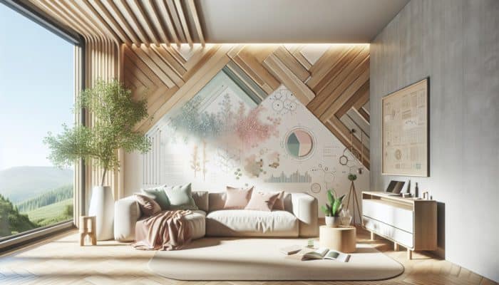 A modern living room with soft pastels, muted tones, and natural elements like plants and wood, creating a serene and biophilic design.