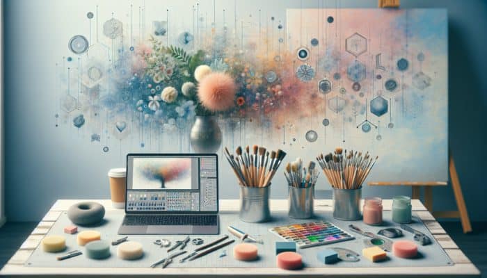 Artist's workspace with soft brushes, airbrushes, sponges, blending mediums, and laptop showing digital blending software.