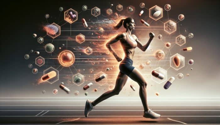 Best Fat Burners For Athletes: Athlete running on track with supplements and metabolic symbols enhancing fat loss.