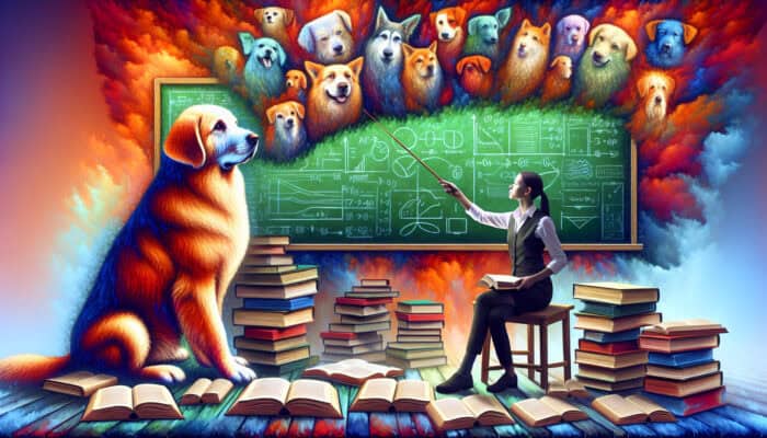 A wise old dog learning new tricks in a colourful classroom with a young trainer.