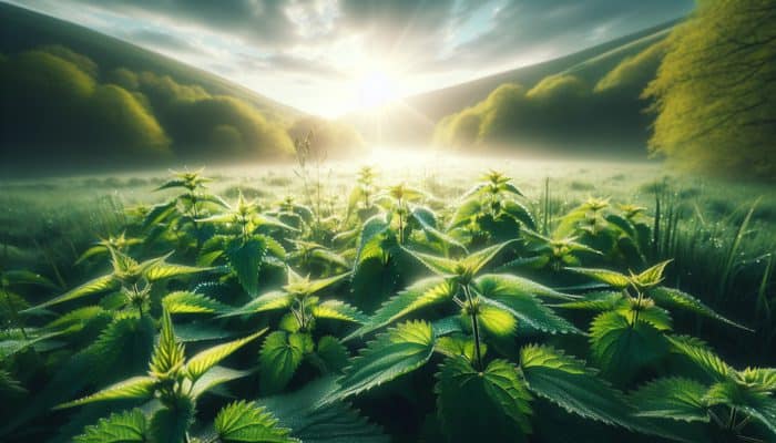 How Herbs Soothe Arthritis Pain: Lush UK spring field with dew-covered nettle plants, symbolising arthritis relief.