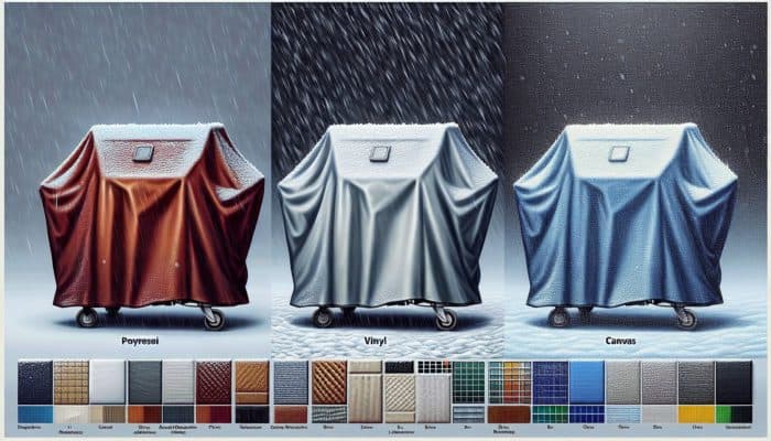 Comparison of grill cover materials: polyester, vinyl, canvas, under various weather conditions.