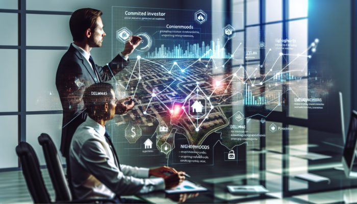 Investor and real estate expert analyzing Delmas property market with maps and digital charts.