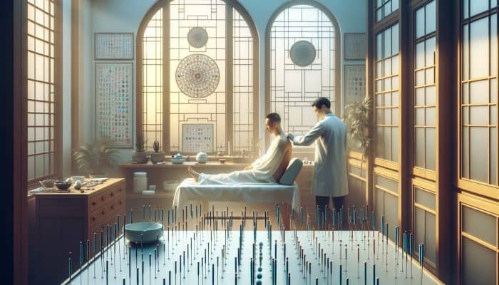 Acupuncture session for prostate health at Zhongji, Sanyinjiao, Shenshu, Guanyuan points in a traditional clinic.