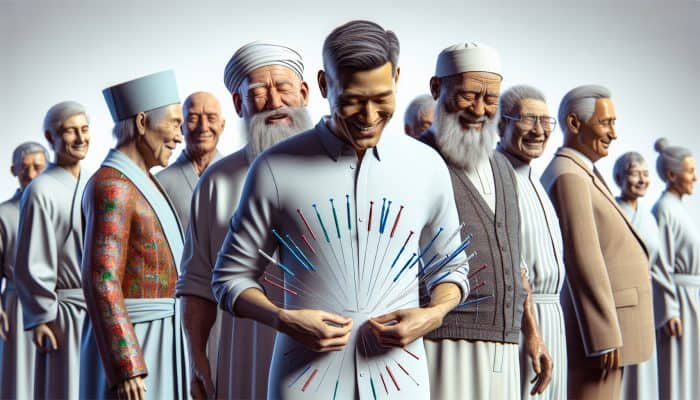 Elderly men smiling, relieved, receiving acupuncture for prostate enlargement, showing improved urinary health.