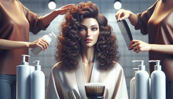 Professional stylist with bouncy, defined curls using curl care products in a modern bathroom.