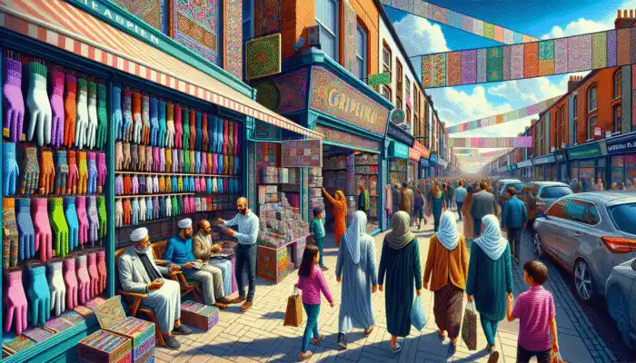 Buy Cotton Gloves In Runcorn high street with diverse shoppers browsing colorful cotton gloves in various shops.