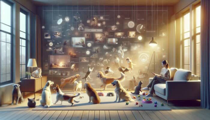 A pet owner in a cosy living room consulting a playtime schedule chart, surrounded by playful dogs and cats.