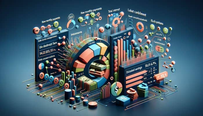 A financial dashboard showing debt consolidation loan details and comparison graphs.