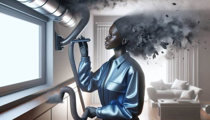 A technician in blue uniform cleaning air ducts in a modern Mission home with a vacuum system.