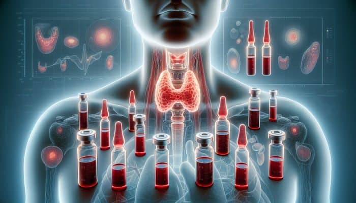 Thyroid Blood Test in Hull: Illustration of thyroid blood test, showing thyroid gland, blood vials, and hormone level graphs.
