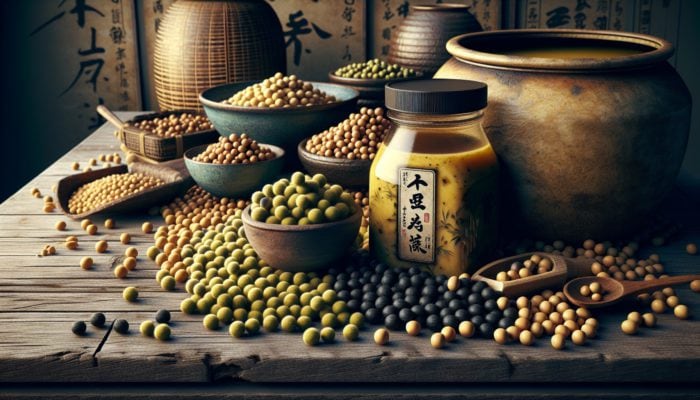How to Make Your Own Miso Paste: Yellow, black, and green soybeans on a rustic table with miso paste and fermentation vessels.