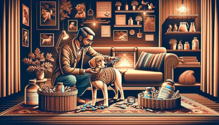 Flea Treatment Side Effects For Pets: A pet owner watches their dog for flea treatment side effects like skin irritation and lethargy in a cozy living room.