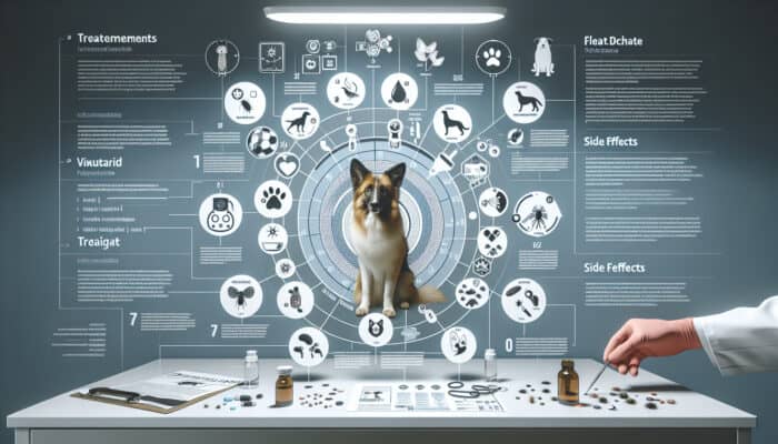 Infographic showing flea treatments for pets and their side effects, with dog and cat icons.