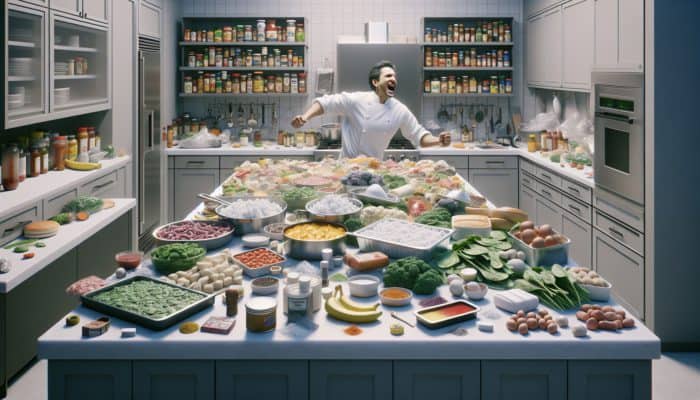 Person creatively substituting fresh with frozen ingredients on a cluttered kitchen counter during an emergency.