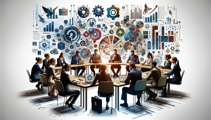 A diverse group of industry experts discussing, surrounded by symbols of trust and knowledge.