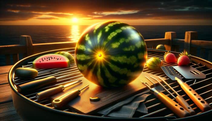 Grilled Watermelon With Feta: A ripe watermelon on a grill, yellow spot, smooth skin, grilling tools, summer sunset.