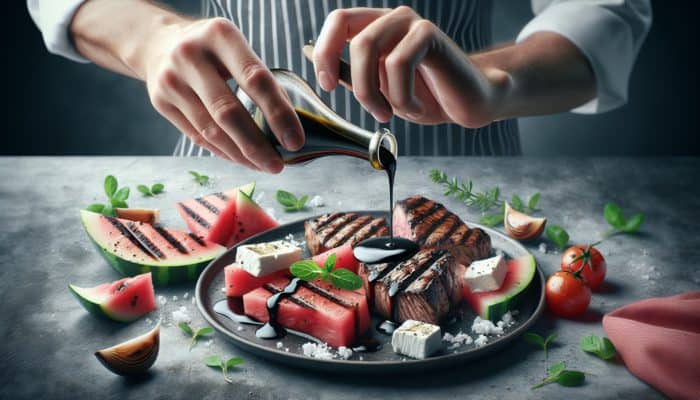 Chef drizzling balsamic reduction on grilled watermelon with feta, beside grilled meats, enhanced with herb oil and smoked sea salt.