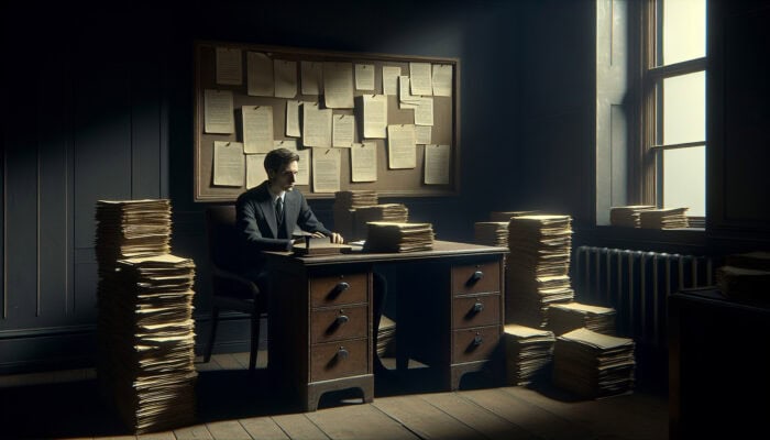 Property Law Tips for House Clearance: A solemn executor in a dimly lit study with legal documents, a will, and a notice on a vintage board.