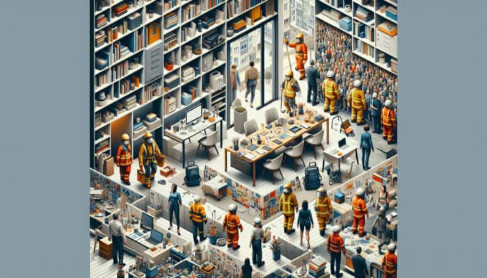 A well-organized home office with a timeline chart, professionals in safety gear clearing a house, and stakeholders discussing legal documents.