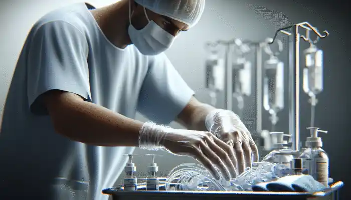 Polythene Gauntlet Gloves in Newport: A healthcare worker wearing clear polythene gauntlet gloves handling medical equipment in a sterile environment.