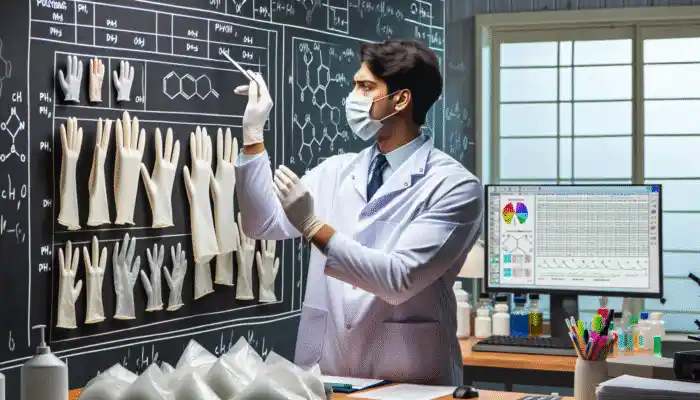 A person in a lab coat examining polythene gauntlet gloves for thickness, durability, and chemical resistance in industrial and medical settings.