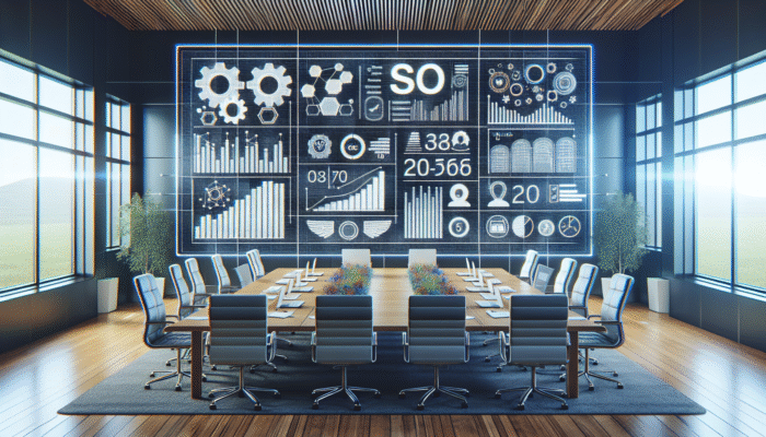 Digital dashboard showing SEO metrics and trends using Google Data Studio in a modern office.