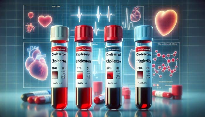 Cholesterol Blood Test in Lowestoft: Illustration of cholesterol blood test vials labeled with total cholesterol, LDL, HDL, triglycerides, beside a heart health diagram.