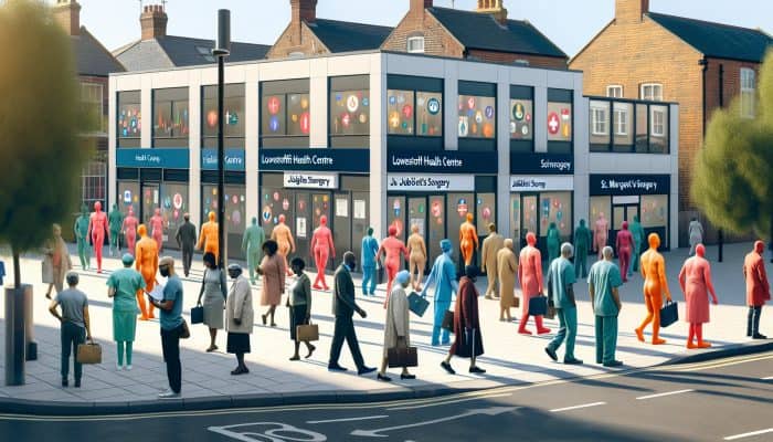 A busy Lowestoft street with signs for GP surgeries like Lowestoft Health Centre, people entering with appointment reminders.