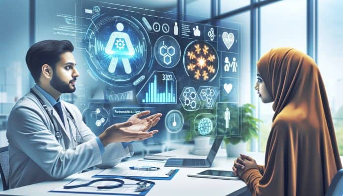 A healthcare provider explaining vitamin D test results with charts in a modern clinic.