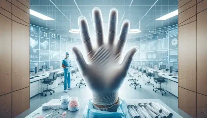 Powder Free Vinyl Gloves Supplier in Basingstoke: Transparent vinyl gloves, powder-free, worn by healthcare worker in sterile hospital setting.