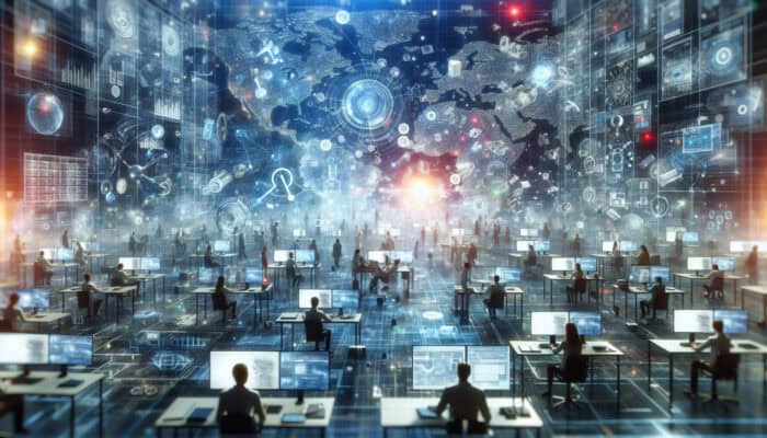 A vibrant digital workspace with remote workers collaborating on virtual platforms using data-driven tools and open communication.